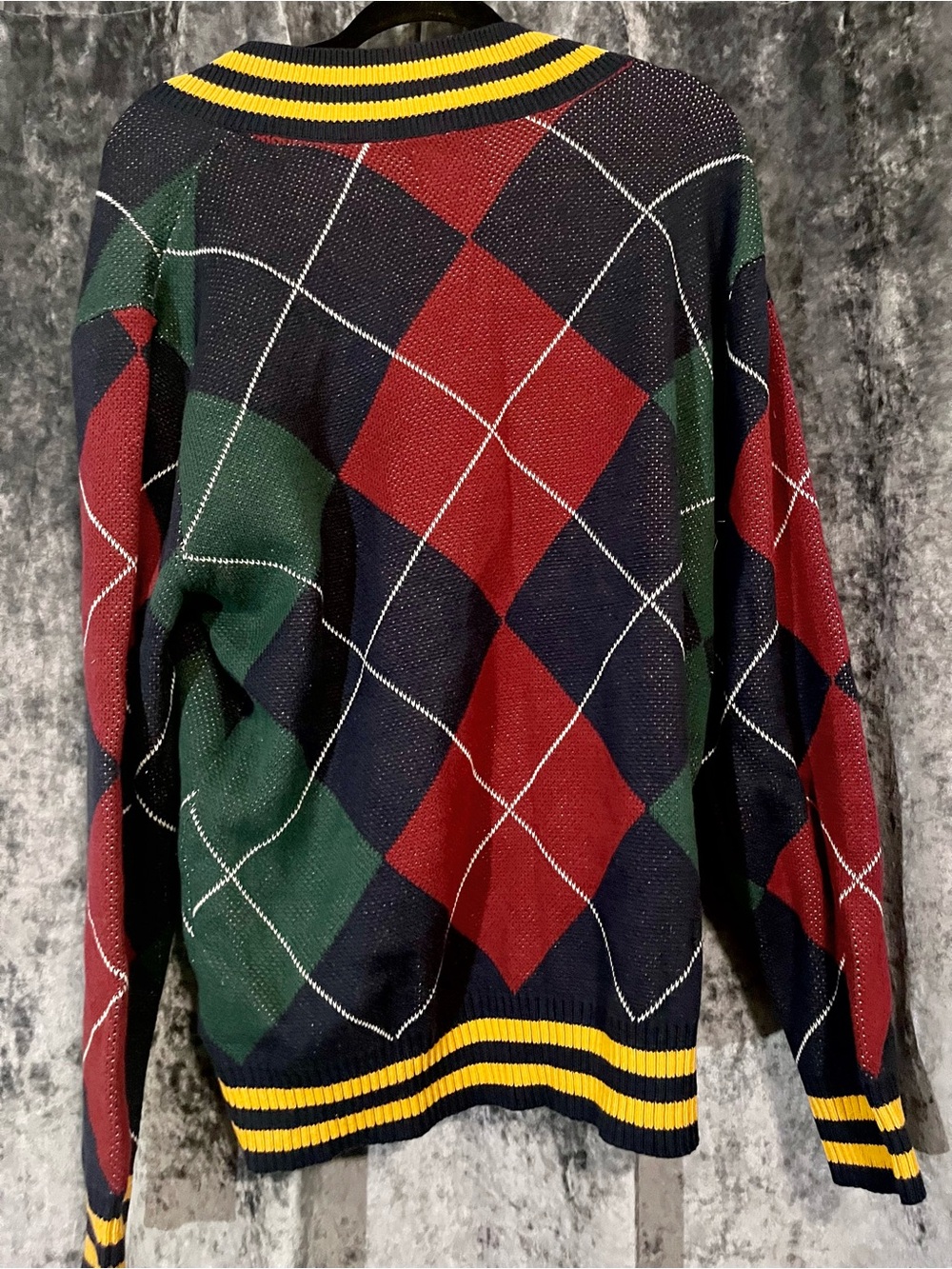 Levi's V-Neck Argyle Sweater in Navy, Green & Red with Yellow Trim - Picture 3 of 3